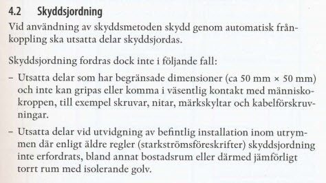 Utdrag från Elbasen som beskriver regler för skyddsjordning och undantag för automatisk frånkoppling vid användning av skyddsmetoden.