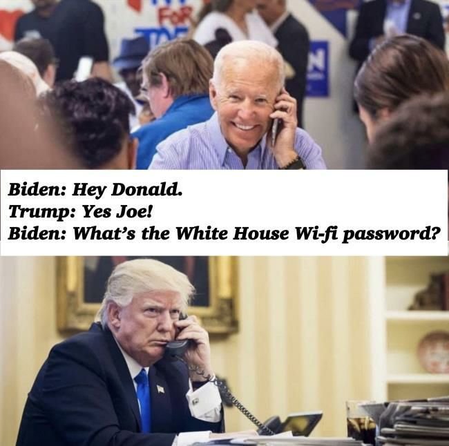 Humoristisk montagebild av Joe Biden och Donald Trump som pratar i telefon.