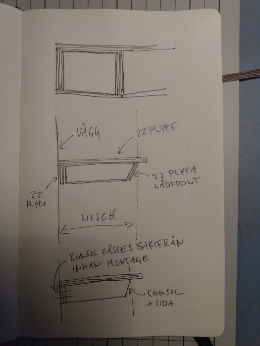 Skisser av en DIY-hyllkonstruktion med anvisningar för montering och placering av konsoler i en nisch.