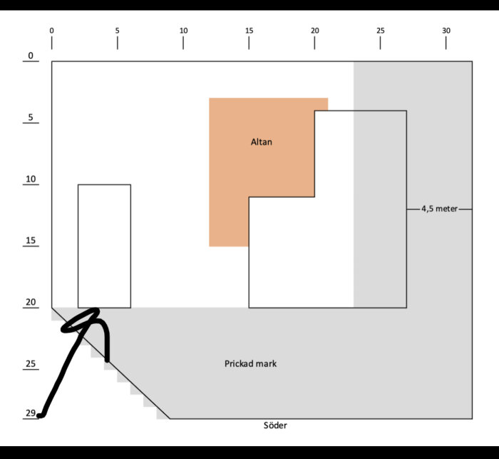 Schematisk ritning av ett hus med markering för altan och planerad betongyta på prickad mark för parkering.