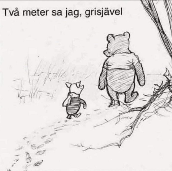 Illustration av Nalle Puh och Grisbjörn som går, med texten "Två meter sa jag, grisjävel".