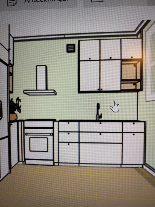 Ritning av kök med vita lådor under diskbänk, fristående spis och överskåp utan passbit mot taket.