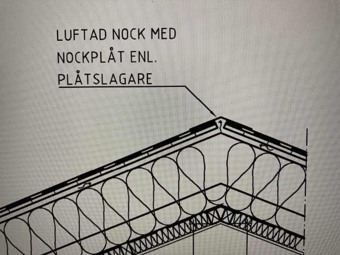 Teknisk ritning av luftad nock med nockplåt på ett tak enligt plåtslagares instruktioner.