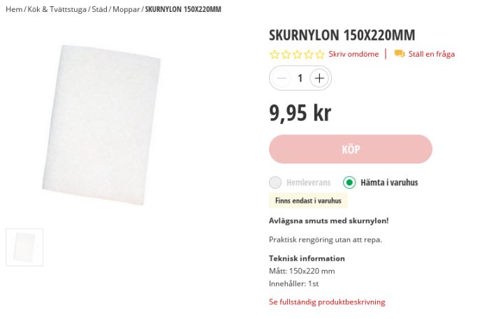 Skurnylonplatta som kan användas med excenterslip för putsning, visas på en webbshopssida med pris och storleksinformation.