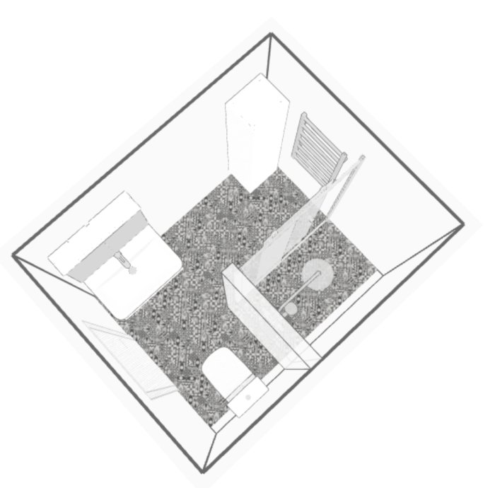 Isometrisk layout av badrum med badkar, toalett, handfat och duschyta indikerat med mått.