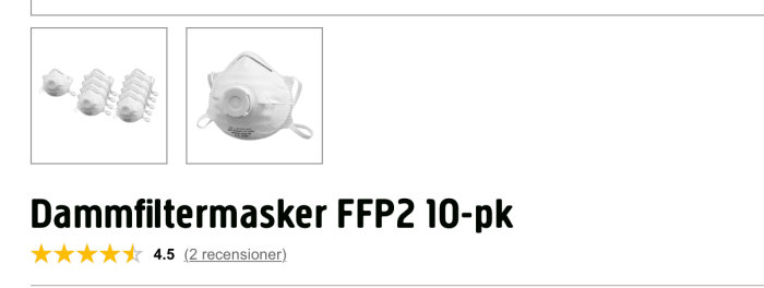 Damfiltermasker FFP2, 10-pack med värdering 4.5 stjärnor, visas i förpackning och enskilt med ventil.
