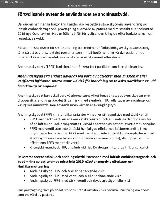 Skärmbild av en dokumentation om användandet av andningsskydd relaterade till Coronavirus från vårdgivarwebbplats.