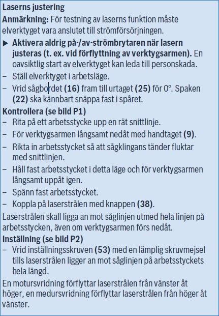Skärmdump av en text om justering och användning av laserverktyg med instruktioner och hänvisningar till bilder.