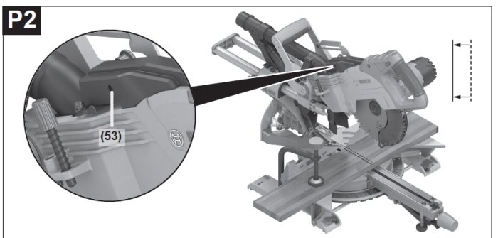 Illustration av en hopsatt kap- och geringssåg med en förstorad detalj som visar del nummer 53.