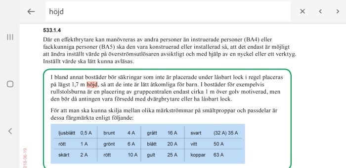 Skärmdump av en text om elinstallationsregler med en tabell som visar färgkodning för säkringar.