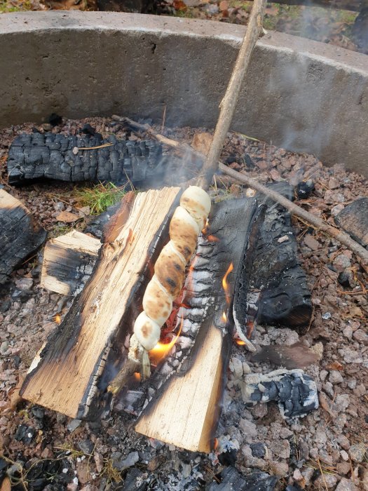 Grillade marshmallows på pinne över en öppen eld med brinnande ved och glöd.