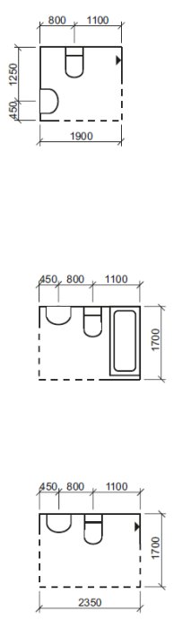 Ritningar av tre olika badrumsplanlösningar med måttangivelser och positioner för dörr, toalett, dusch och handfat.