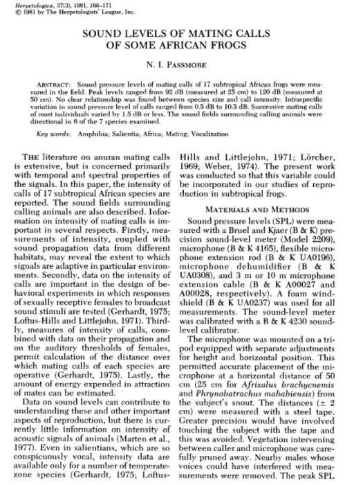 Sida från vetenskaplig artikel om ljudnivåer i parningsrop hos vissa afrikanska grodor.