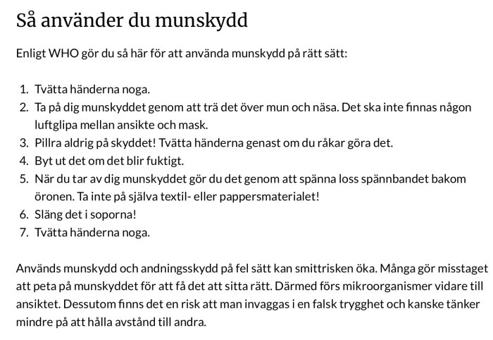 Anvisningar för korrekt användning av munskydd enligt WHO med sju punkter.