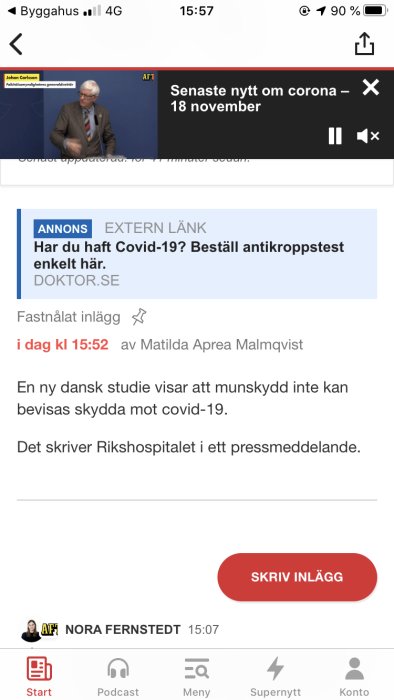 Skärmdump av en diskussionstråd med en artikel om munskydd och covid-19 på en webbplats.