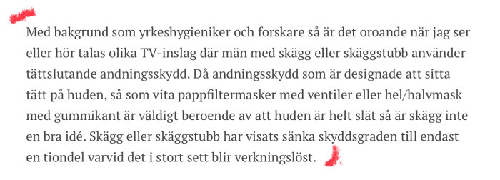 Textutdrag från forum om ansiktsmaskers effektivitet relaterat till ansiktsbehåring.