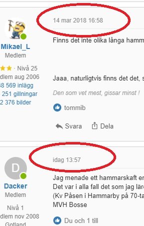 Skärmdump från ett diskussionsforum som visar två inlägg med datum och tidsstämplar.