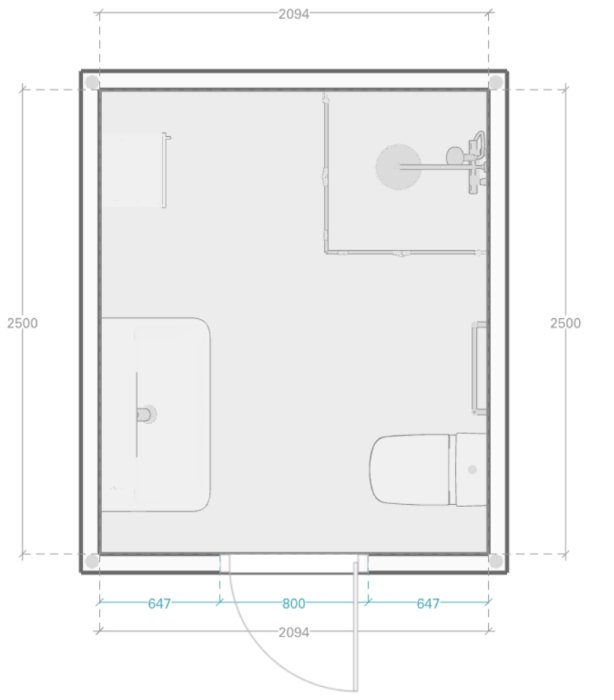 Planritning av en badrumsinredning med en duschhörna och utrymme för högskåp eller bänk, dimensioner angivna.