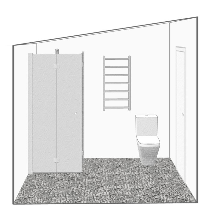 Schematisk illustration av en badrumsplanlösning med duschhörna, toalett och möjlig plats för högskåp eller bänk.