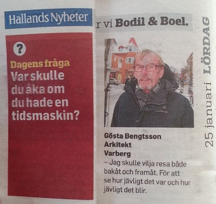 Tidningsurklipp med rubriken "Dagens fråga" och en man som svarar på frågan om tidsresor.