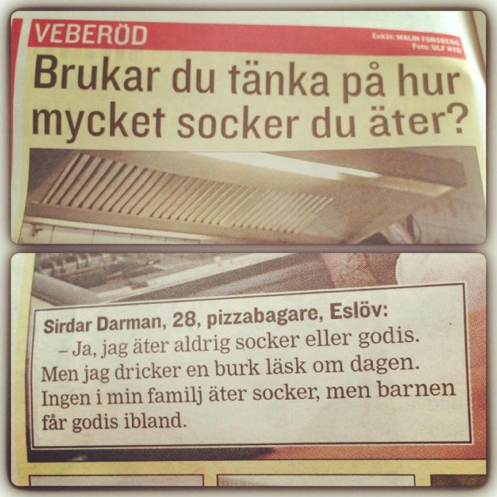 Utsnitt av tidningsartikel med rubriken "Brukar du tänka på hur mycket socker du äter?" och citat av person om sockerintag.