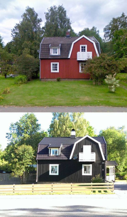 Före och efter bilder på ett hus, först rött och sedan målat svart efter renovering.