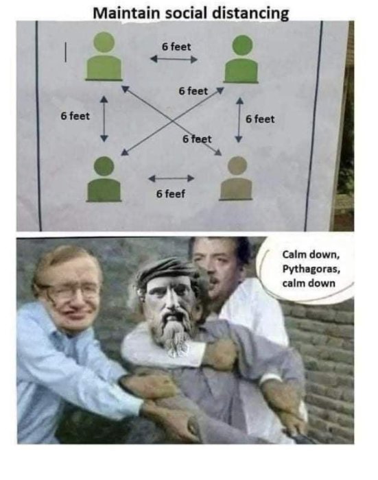 Illustration av social distansering och två män som lugnar ner en tredje med Pytagoras ansikte.
