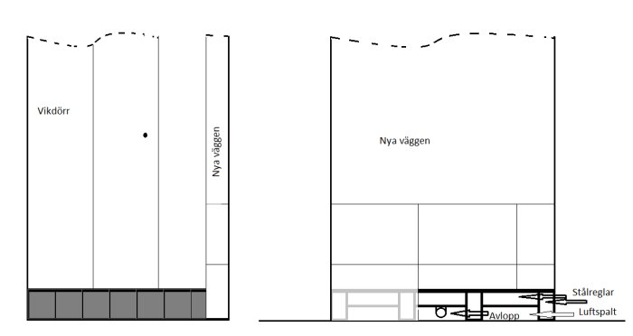 Ritning som visar en vikdörr och en ny vägg med detaljer som stålreglar, avlopp och luftspalt.