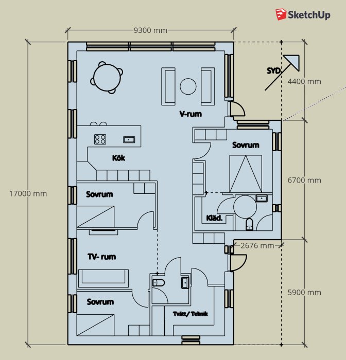 Skiss i SketchUp av en långsmal planlösning för ett hus med dimensioner, innehållande sovrum, kök, och vardagsrum.