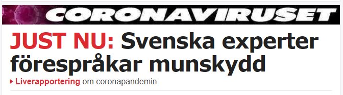 Nyhetssida med rubrik om att svenska experter förespråkar användning av munskydd mot covid-19.