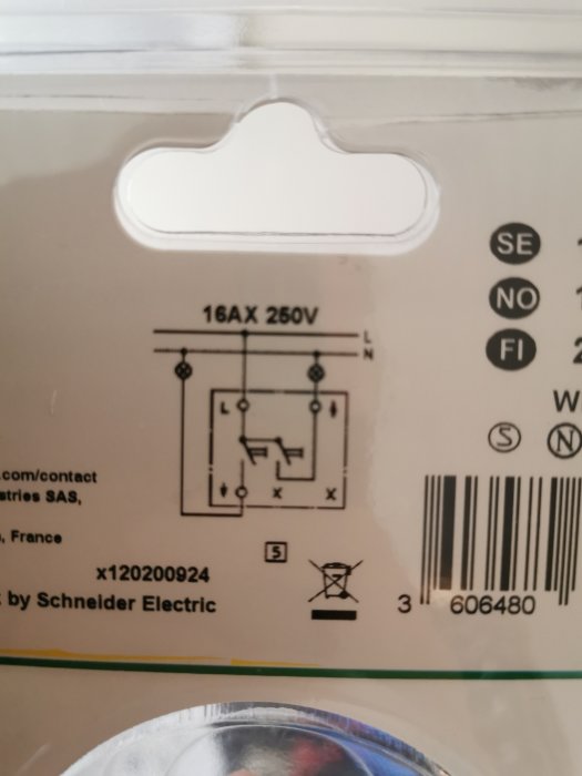 Anvisning med kopplingsschema för en 2-krets kronströmställare från Schneider Electric på förpackning.