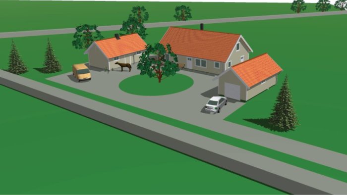 3D-modell av en fastighet med hus, garage, träd och två bilar.