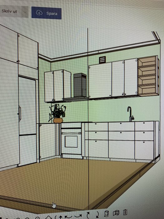 Digital skiss av ett kök med väggskåp, diskbänk och mikrovågsugn utan fönster.