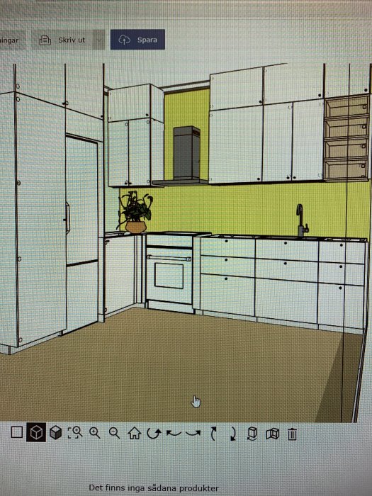 Datorgenererad bild av ett kök med väggskåp, inbyggd fläkt, diskbänk och öppen vägg till höger.