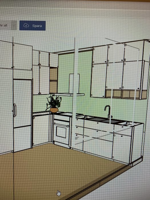 Digital skiss av ett kök med väggskåp och kolfilterfläkt, mikrovågsutrymme till höger, utan fönster.