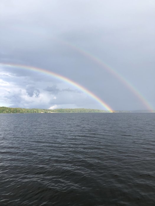 Dubbel regnbåge över en sjö med mörka vågor och en skogsbeklädd kustlinje i bakgrunden.