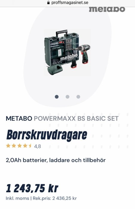 Metabo PowerMaxx BS Basic Set borrmaskin med 2,0Ah batterier, laddare och väska.