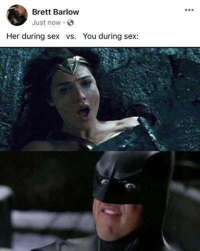 Jämförelsememe med en bild på Wonder Woman och en bild på Batman med motsatta reaktioner.