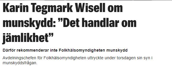 Skärmdump från Expressen med rubrik om FHM:s syn på munskydd och jämlikhet.
