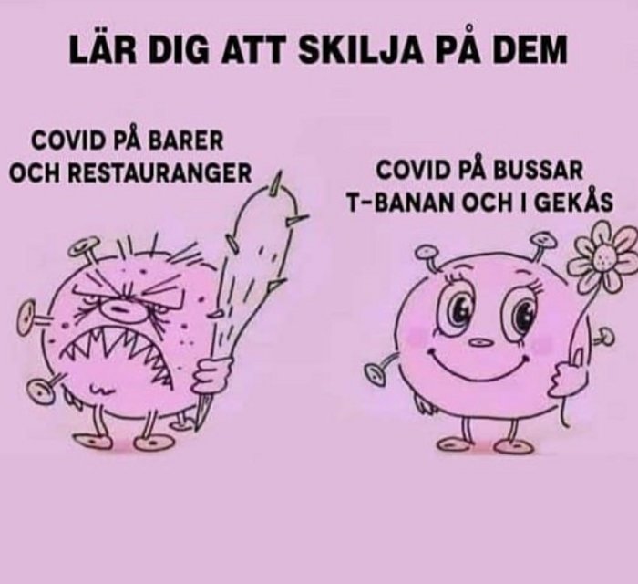 Illustration som jämför "COVID på barer och restauranger" som aggressivt virus, med "COVID på bussar och i Gekås" som glatt virus.