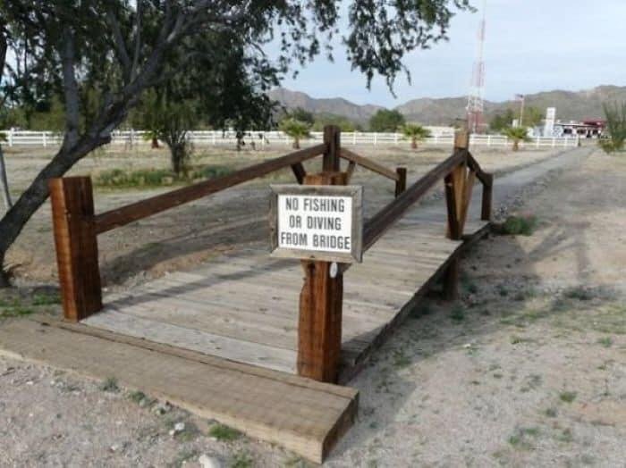 Träbro med skylt "NO FISHING OR DIVING FROM BRIDGE" i torr landsbygdsmiljö utan synligt vatten.