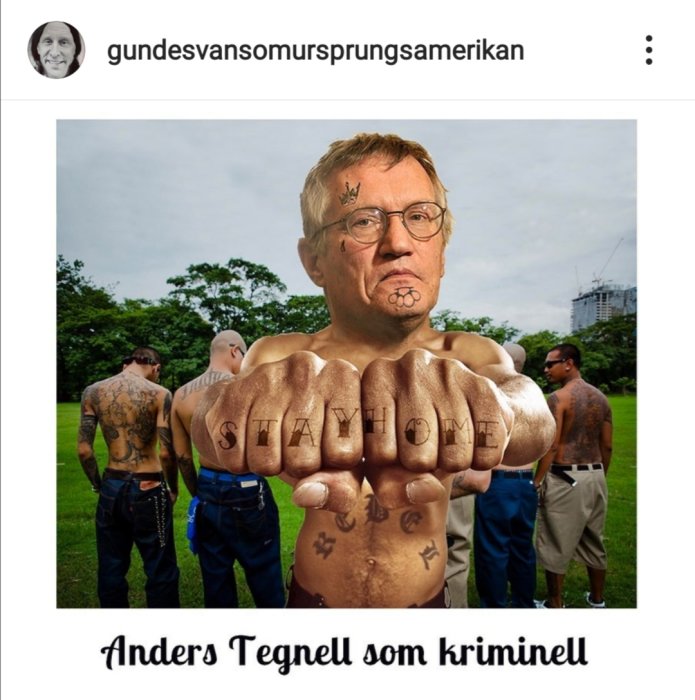 Satirisk bild av en person med Anders Tegnells huvud och tatueringar, nävar med texten "STAYHOME".
