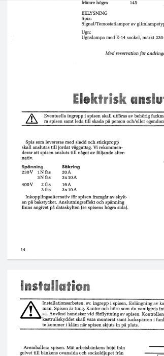 Sida ur manual som beskriver elektrisk anslutning och installationsinstruktioner för en spis.