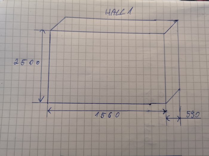 Handritad skiss av en garderobsplan med måttangivelser på millimeterpapper.