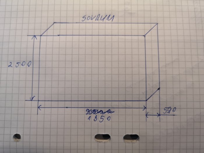 Handritad skiss av garderobsmått med dimensioner för renoveringsprojekt.