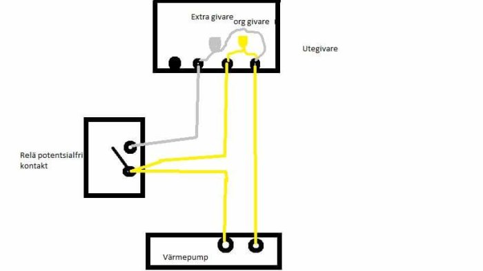 Schematisk bild av kopplingsschema för en NTC-givare till värmepump med extra givare, org givare och relä.