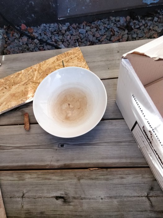 En vit skål med rester av ammoniak på en träplatta utomhus bredvid en papplåda, del av en set-up för att röka ek.