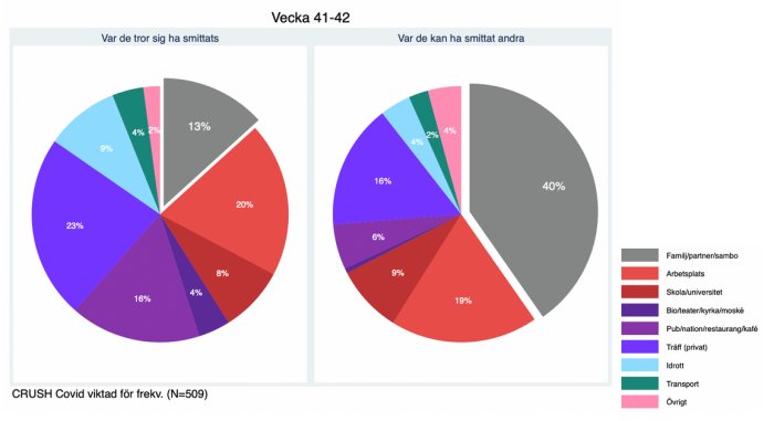 Cirkeldiagram visar var personer i Uppsala tror sig ha blivit smittade och smittat andra med COVID-19 vecka 41-42.