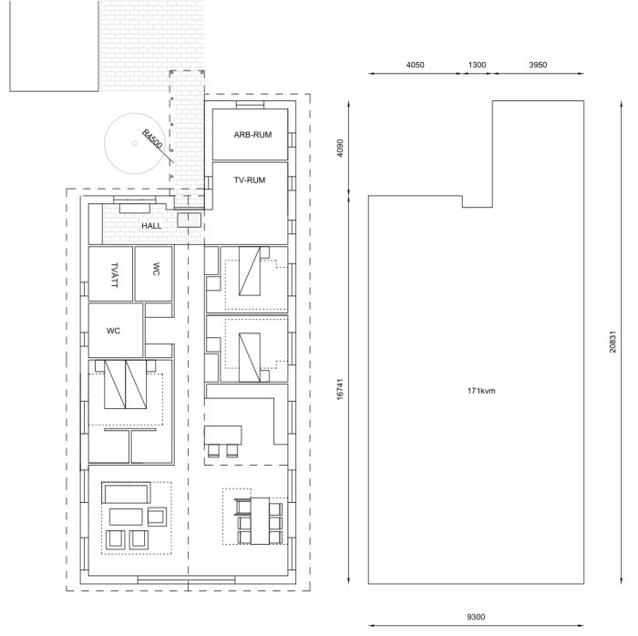 Ritning av en byggnadsplan, innefattande ett arbetsrum, TV-rum, sovrum utan burspråk, hall och WC.