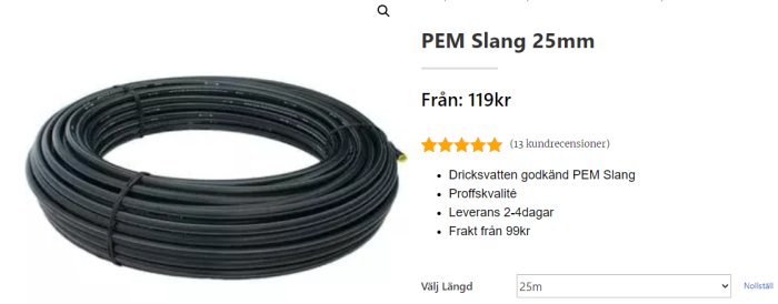 Svart, uppdragen PEM-slang med 25 mm diameter rekommenderad för fiberanläggning, visas i rullad form.